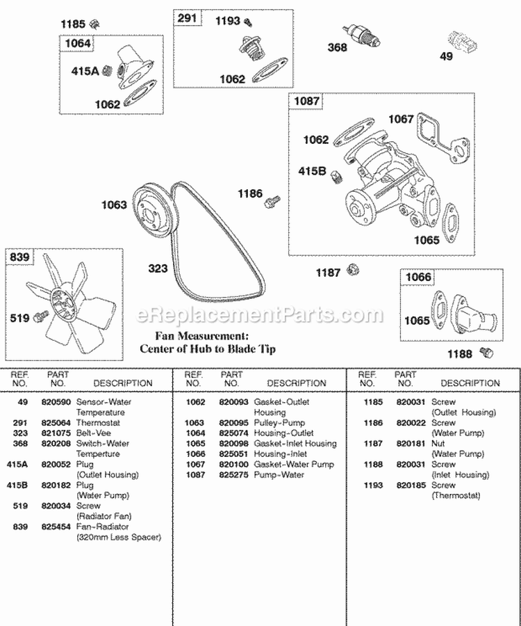 Water Pump Fan Vee-Belt Diagram and Parts List for 587447-0205-E2  Briggs and Stratton Engine